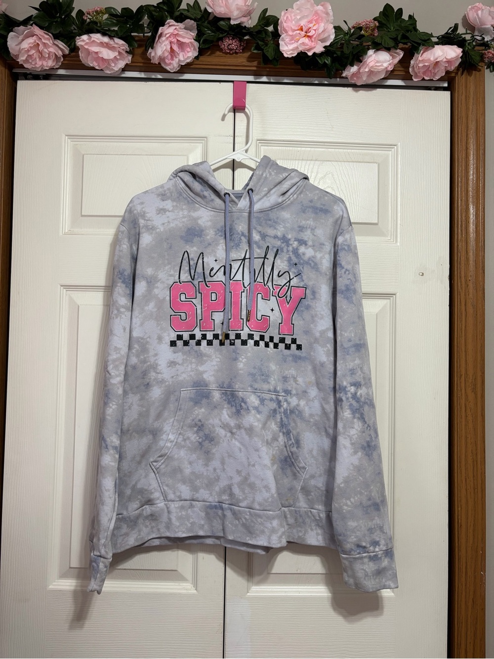 Upcycled Mentally Spicy Tie-Dye Hoodie - Pink & Light Gray
